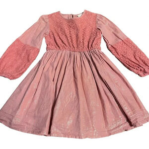 Masala Kids Blush Pink Dress Size 3Y Long Sleeve Floral Lace Metallic Pinstripe